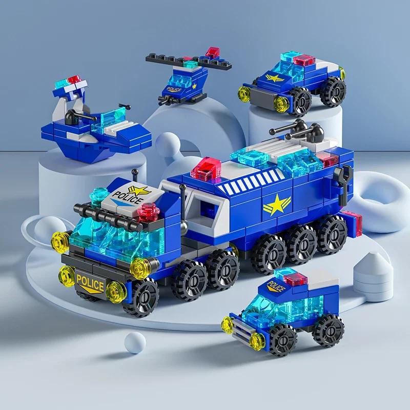City Fire Car Building Blocks for Children, Police Truck, Engineering Crane, Tank, Helicopter Bricks Set Toys for Kids, 6in 1