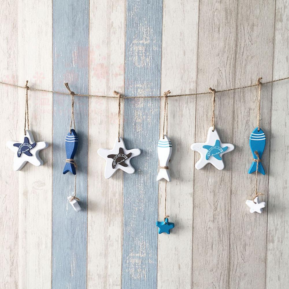 Creative Adorn Crafts Wood Fish/decorated Marine Pendant For Kid Room Mediterranean Starfish Hung Fish Nautical Decor Hang Mini