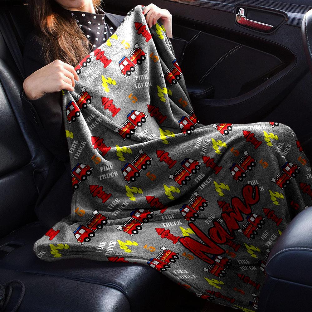 Custom Name fire truck Theme Printed Blanket - Perfect for Couch, Bed, Travel & Outdoor Use | Machine Washable, Cozy & Durable.