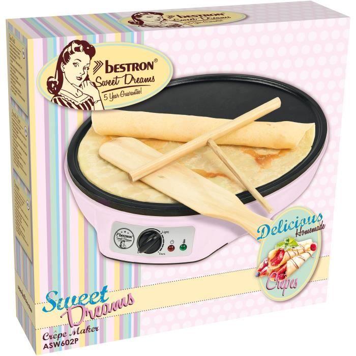 Crêpière électrique bestron sweet dreams - revêtement antiadhésif - ø 30 cm - 1000 w - couleur: rose