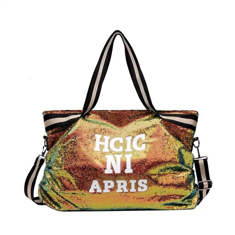 Casual Women Bling Sequins Shoulder Bags Big Capacity Female Handbag For Lady Travel Large Tote Letter Printed Crossbody Bags