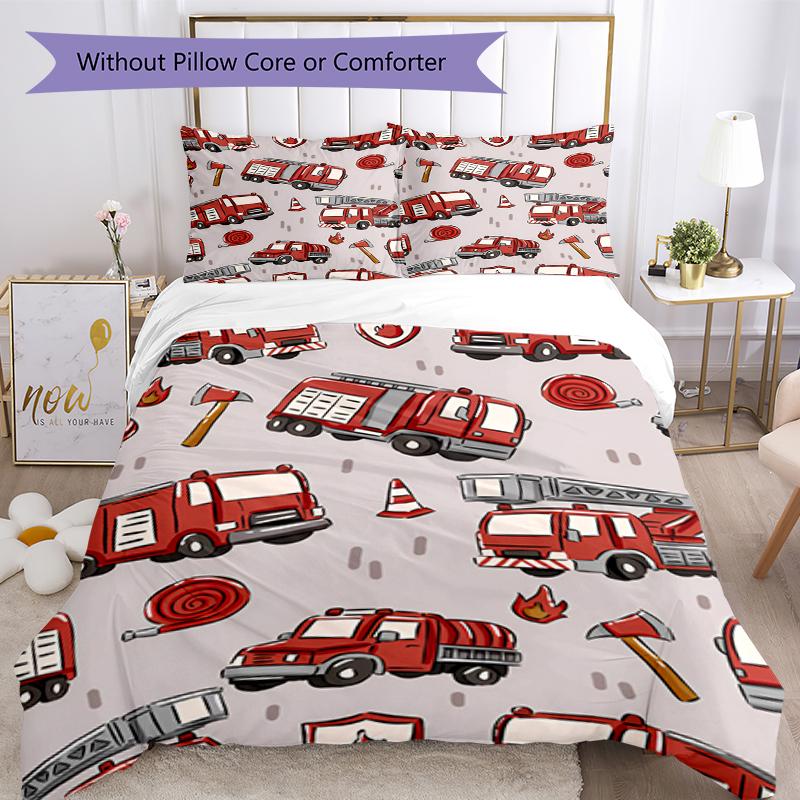 3pcs fire truck Bedding Set Duvet Cover Closure Includes 1 Duvet Cover & 2 Pillowcases, Soft and Comfortable for All Seasons.