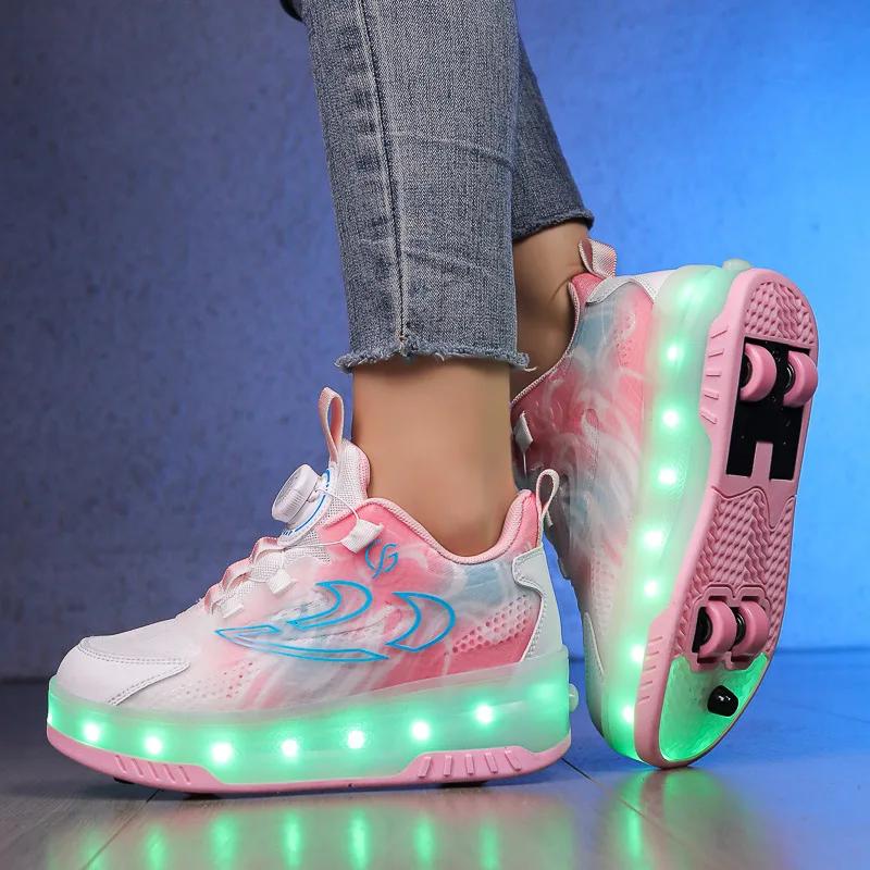 Children's LED Light Walking Shoes Double Row Four-Wheel Roller Skates Ice Skate Shoes Unisex Kids' Wheeling Footwear