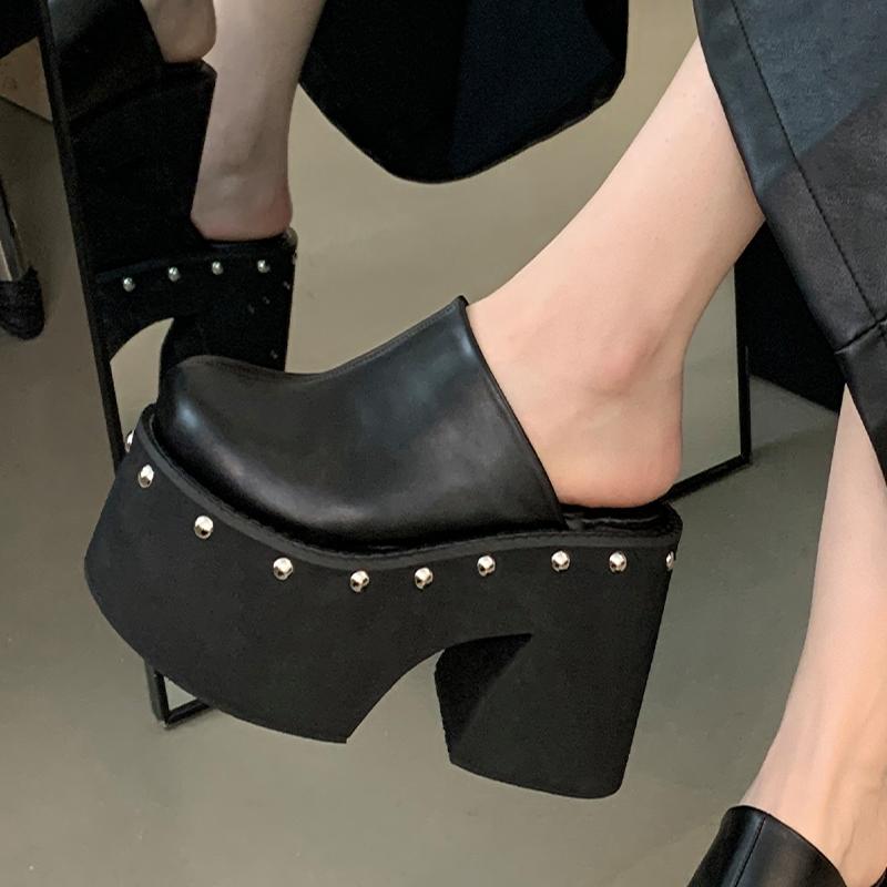 

Черные Однотонные Туфли-шлепанцы на Платформе с Заклепками Женский Дизайн Толстая Подошва Высокий Каблук Летняя Вечеринка Платье Zapatos Mujer 43 чёрный