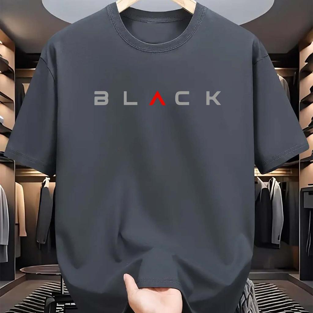 Summer Men's 100% Pure Cotton Casual Loose Fit Plus Size BLACK Letter Pattern Printed Round Neck Short Sleeved T-shirt Top