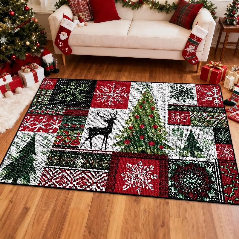 Christmas Carpet Mat Reindeer Snowflake Pattern Home Decoration Rug Festive Xmas Festive Decor for Living Room Holiday Season