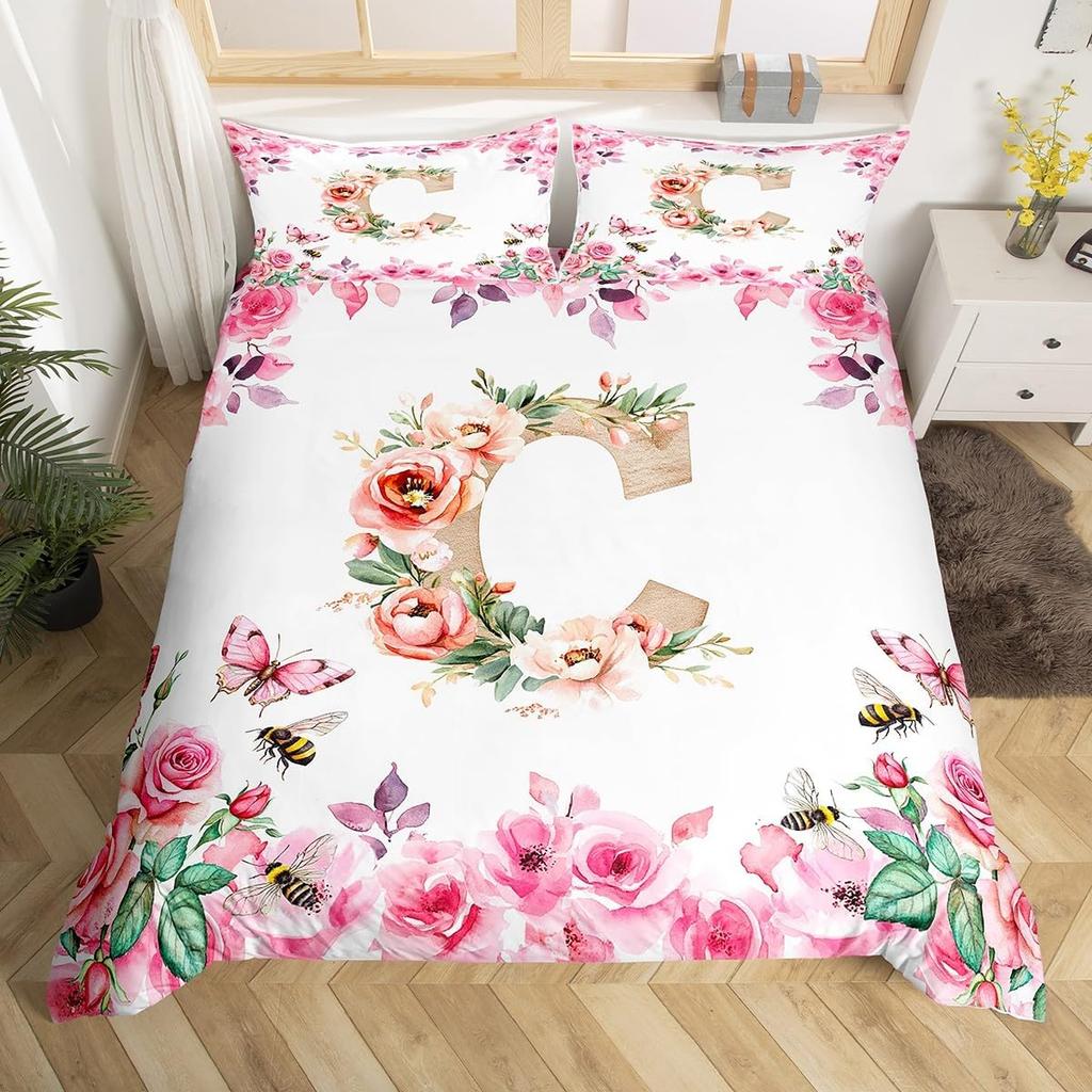 Initial Letter A Duvet Cover for Boys Girls Floral Monogrammed Bedding Set Romantic Rose Alphabet Quilt Cover with 2 Pillow Case