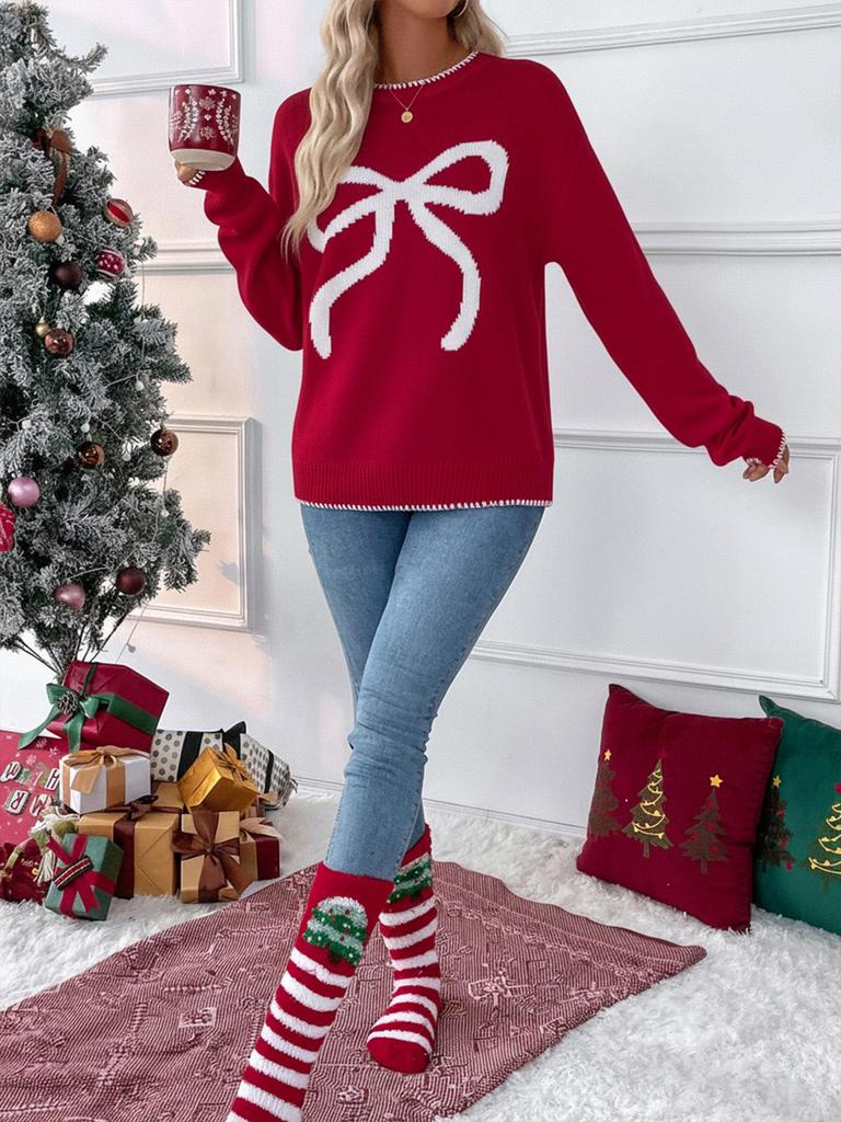 European/American Sweet Style Christmas Bow Long Sleeve Sweater
