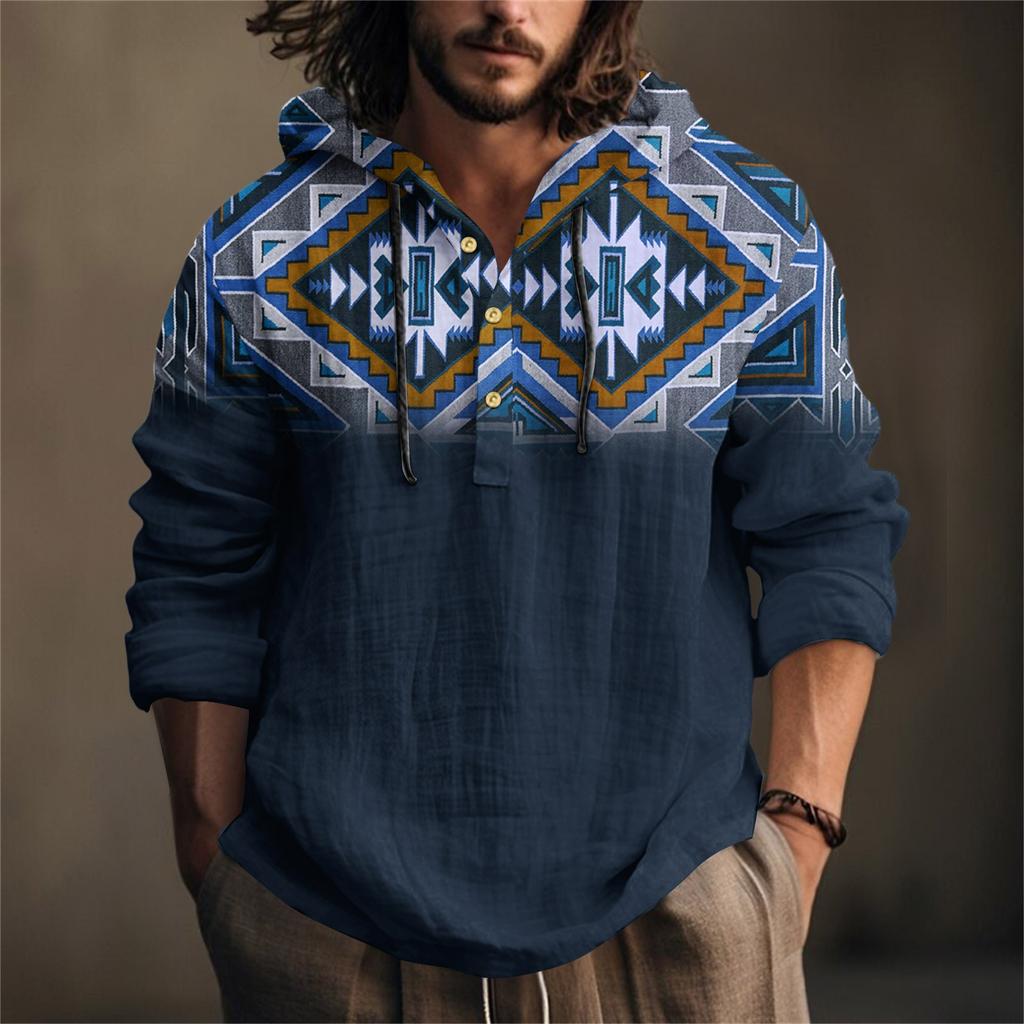 Printed Men's Cotton And Linen Shirt Hooded Long-sleeved Hooded Spring And Summer Casual Daily Wear