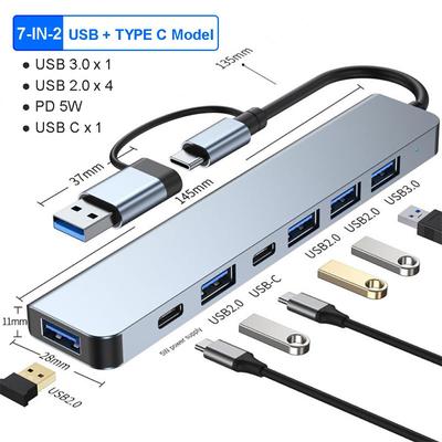 7-port USB 3.0 Hub with 4 USB 2.0 and 2 USB-C Ports USB-Csplitter Distributor for High-speed Data Transfer and Device Connection