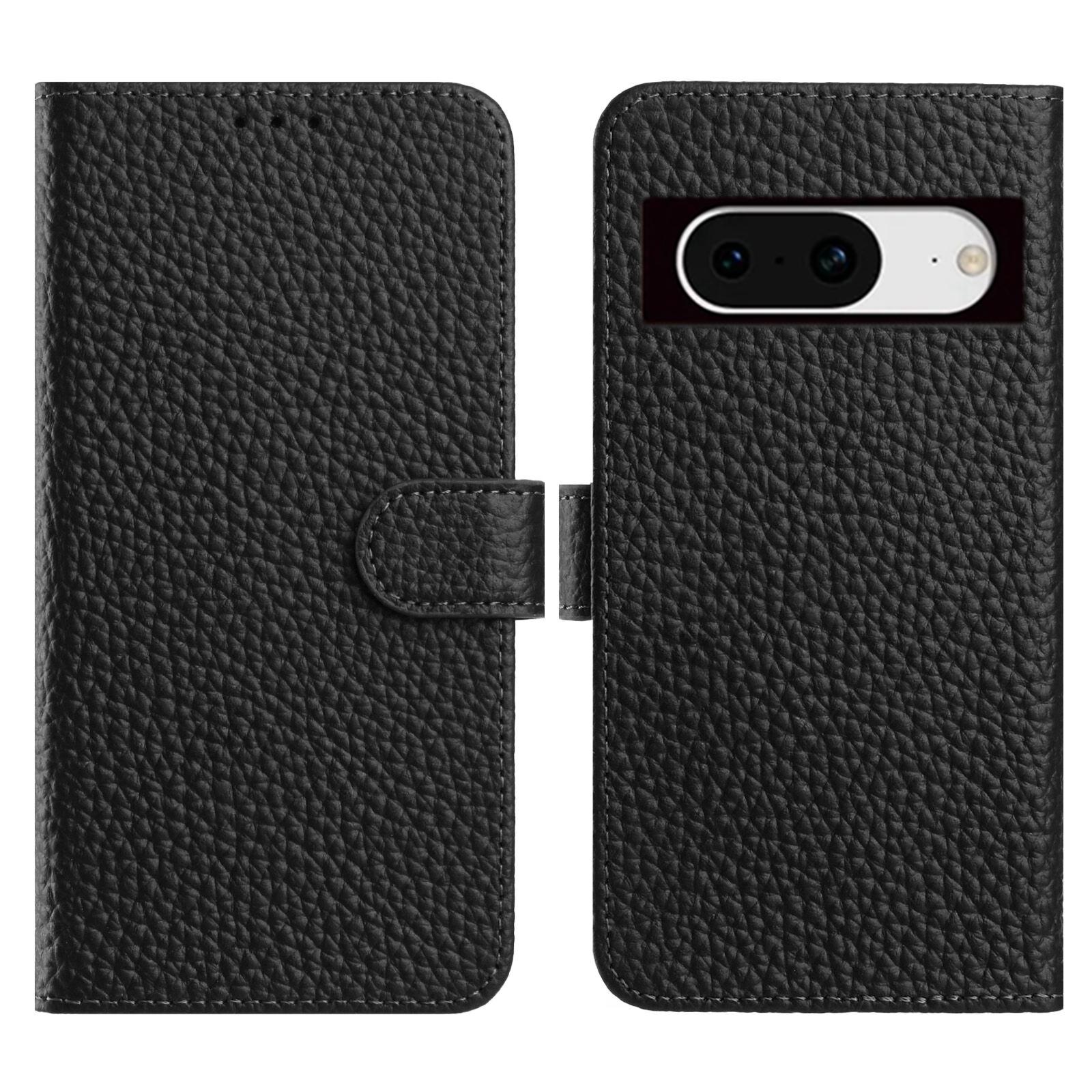 

For Google Pixel 8a Case Wallet Stand Litchi Texture Genuine Cow Leather Flip Phone Cover Black