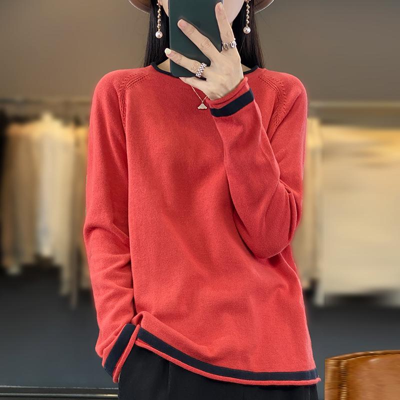 Spring and Autumn Thin Cotton Knitwear Women's Round Neck Sweater Loose Color Matching Cotton and Linen Bottoming Shirt