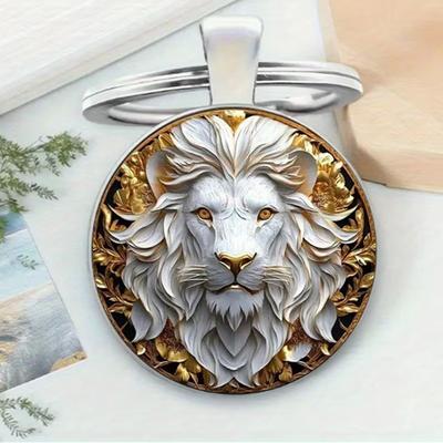 Round Metal Keychain Pendant Alloy Key Ring with Lion Head Relief Design Durable Accessory for Bags and Keys