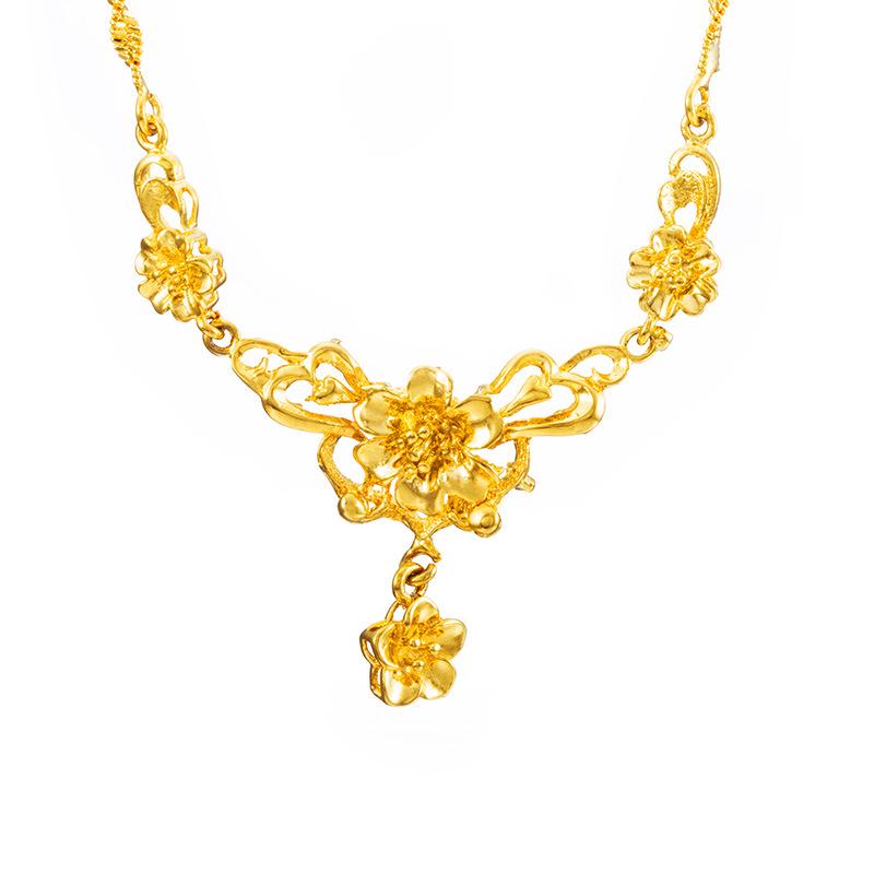 24k Gold Plated Women's Flower Necklace, Vietnamese Sand Gold Bridal Wedding Necklace, Brass Gold Plated Clavicle Necklace for Women