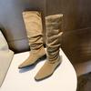Fashion Vintage Thigh Boots Women's Autumn New Square Toe Spliced Suede Over Knee Soft Sole Block Heel Stack Boots