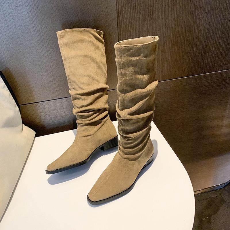 Fashion Vintage Thigh Boots Women's Autumn New Square Toe Spliced Suede Over Knee Soft Sole Block Heel Stack Boots