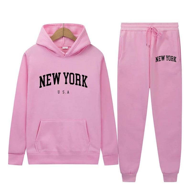 New York Letter USA City Hoodies + Hosen 2-teiliges Set Damenmode Sweatshirts Damen Casual Kapuzenpullover Sportwear-Anzug