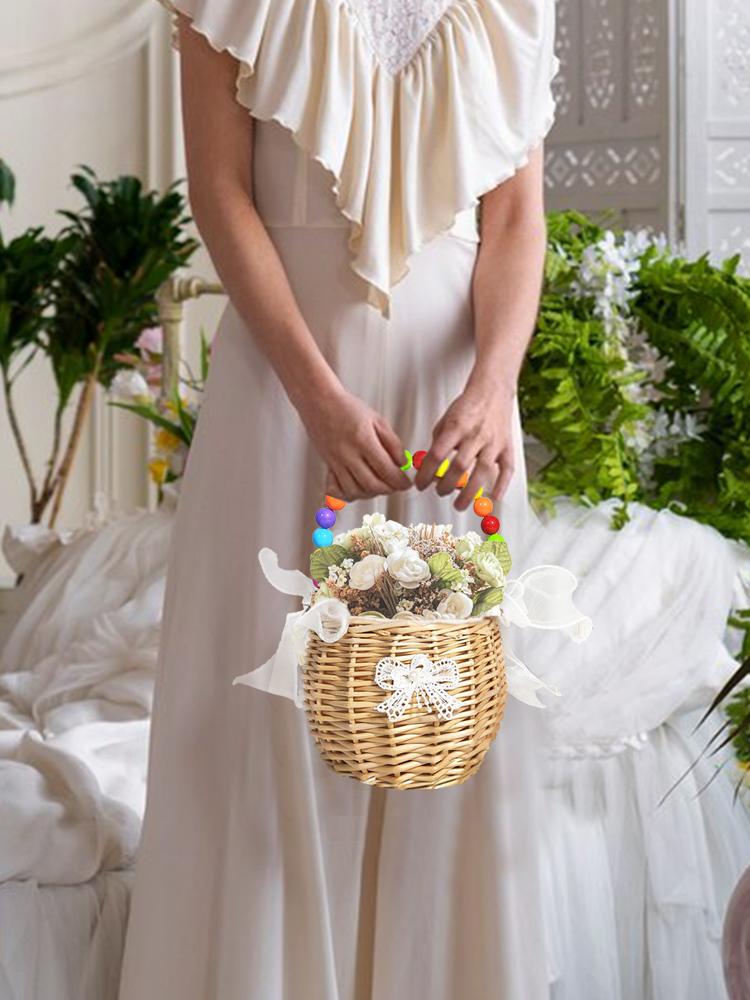 Small Flower Basket Pearl Handle Rattan Woven Flower Basket for Wedding Girl Home Decorations Picnic Garden 18cm