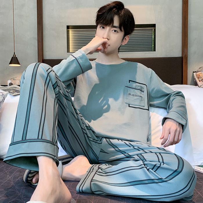 Men's Spring/Autumn Long Sleeve Cotton-Look Pajama Set - Youth Style, Casual Homewear, Plus Size.