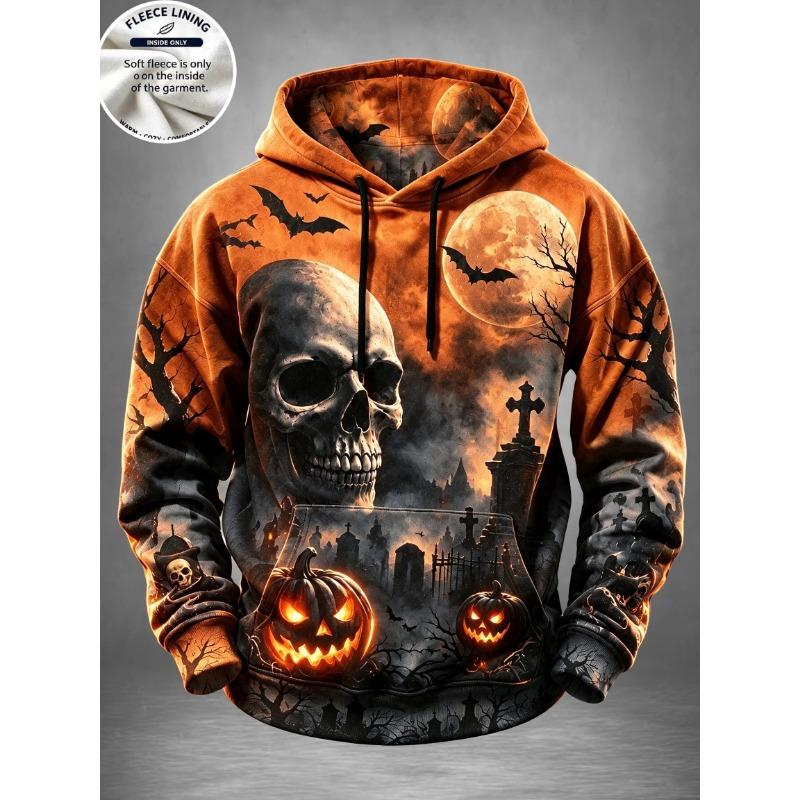 Men Fleece Lined Hoodie Halloween Pumpkin School Bus Print Pullover Hooded Sweatshirt Streetwear