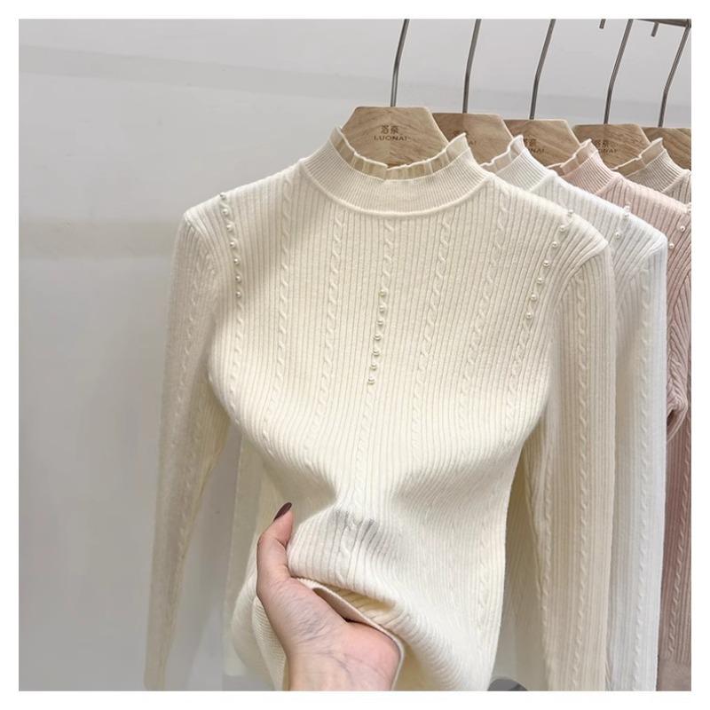 Autumn and winter new semi-turtleneck knitted bottoming shirt top women's twist pearl fashion slim and thin inner sweater