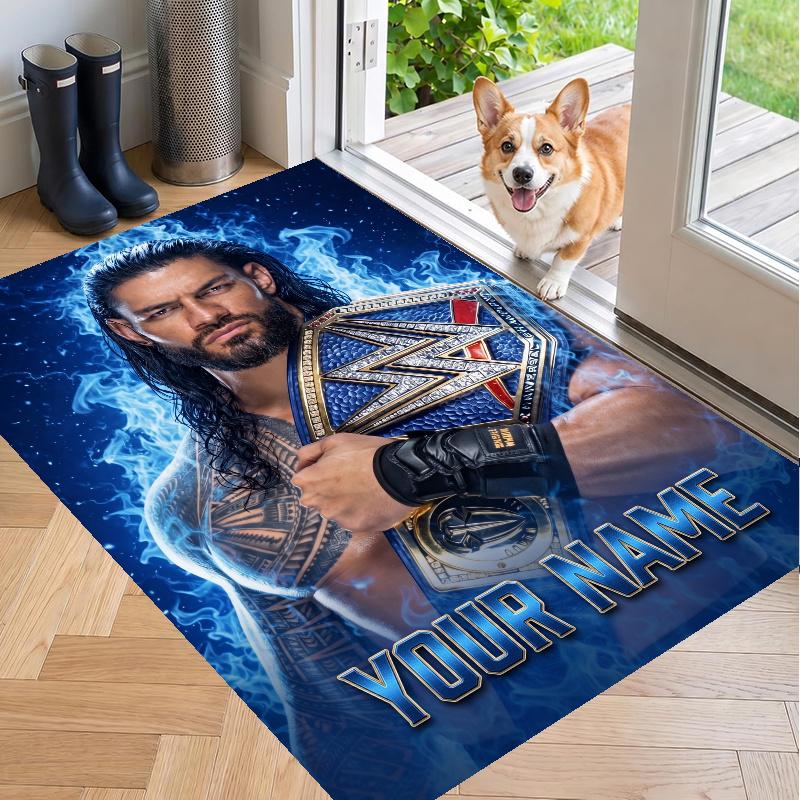 Custom Name WWE LOGO Crystal Velvet Floor Rug Personalized Text Soft Carpet Home Decor