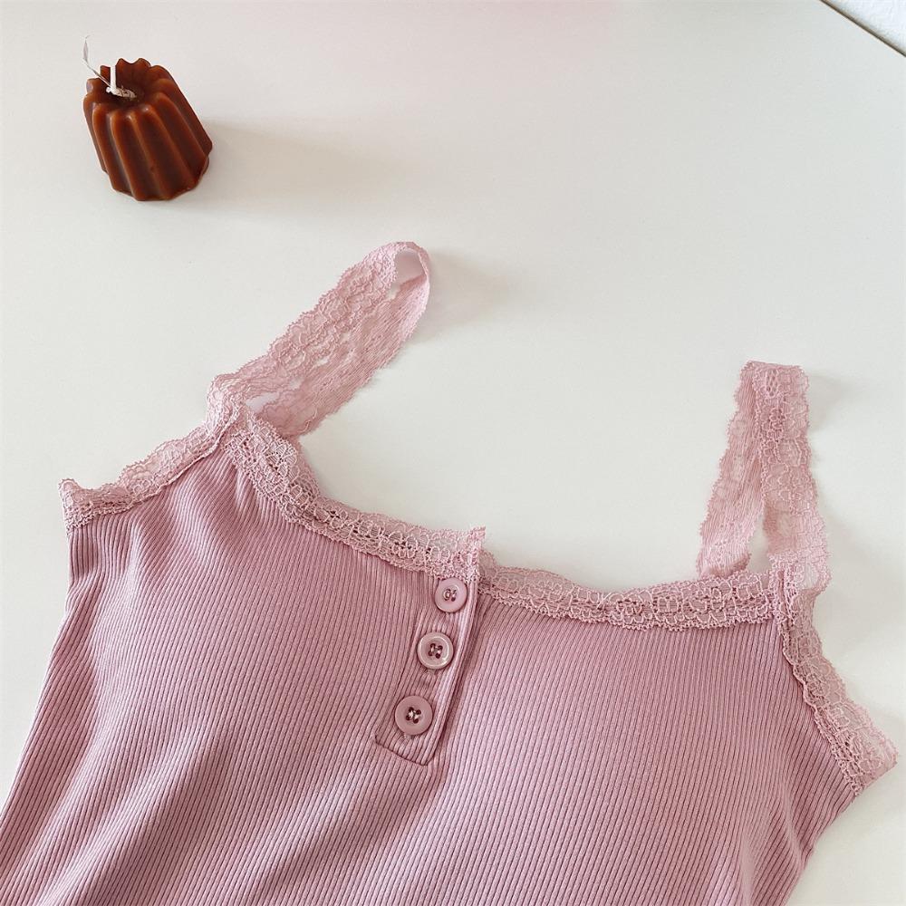 Ribbed Tank Top Lace Halter Crop Tops Women Summer Camis Button Backless Camisole Fashion Knit Tube Lady Sleeveless Cropped Vest