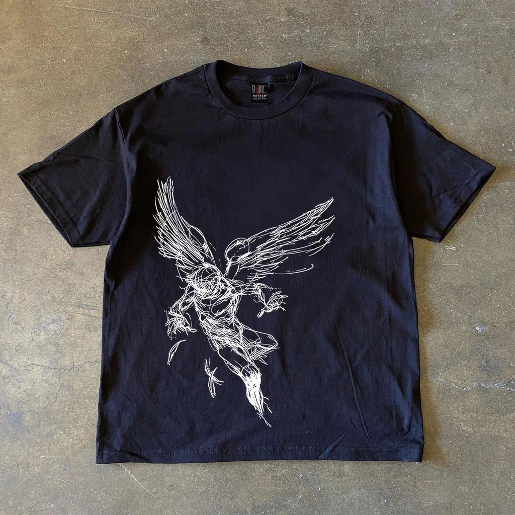 Rock Punk T Shirt Ins Style Tops Angel Print Short-sleeved Y2k Personality T-shirts Casual Loose Short Sleeved Unisex
