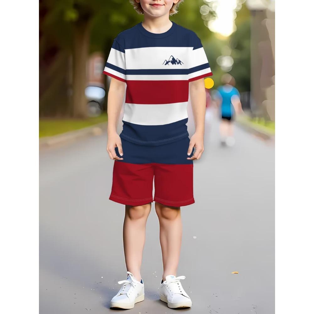 Boys Clothes Simple Striped 3D Printed Short Sleeve T-Shirt Sets Loose Casual Summer Outdoor Quick Drying Children's Clothing