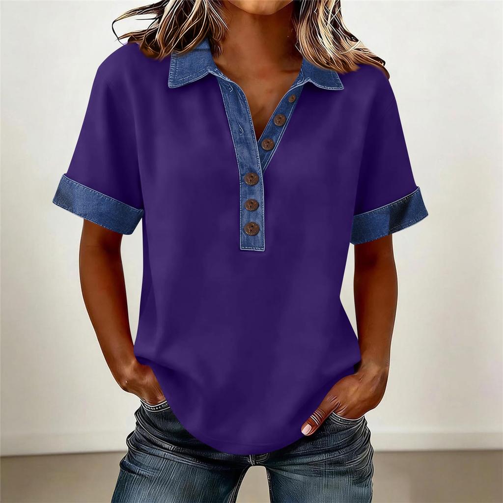 Denim Patchwork Shirts For Women Stand Collar Casual Blouse Short Sleeve Comfy Tshirt Spring Summer Fashion