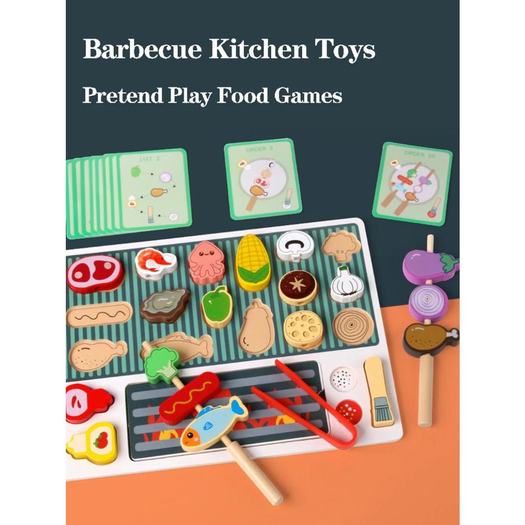 Children Barbecue Food Kitchen Toys Miniature Food Pretend Play Matching Cutting Games Toddlers Montessori Education Wooden Toy