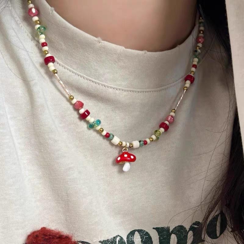 Summer Cute Cartoon Fruit Red Mushroom Pendant Colorful Bead Choker Necklace Women Aesthetic Y2K Neck Jewelry Accessories Gift