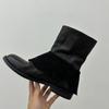 Handsome Side Zipper Leather Flanged Martin Boots Women's British Style Retro Thick Heel Versatile Black Short Boots