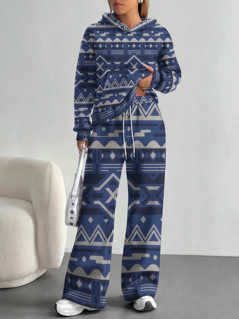 Bohemian Style European And American Autumn And Winter Casual Long-Sleeved Suit Women'S Hooded Sweater Trousers Suit