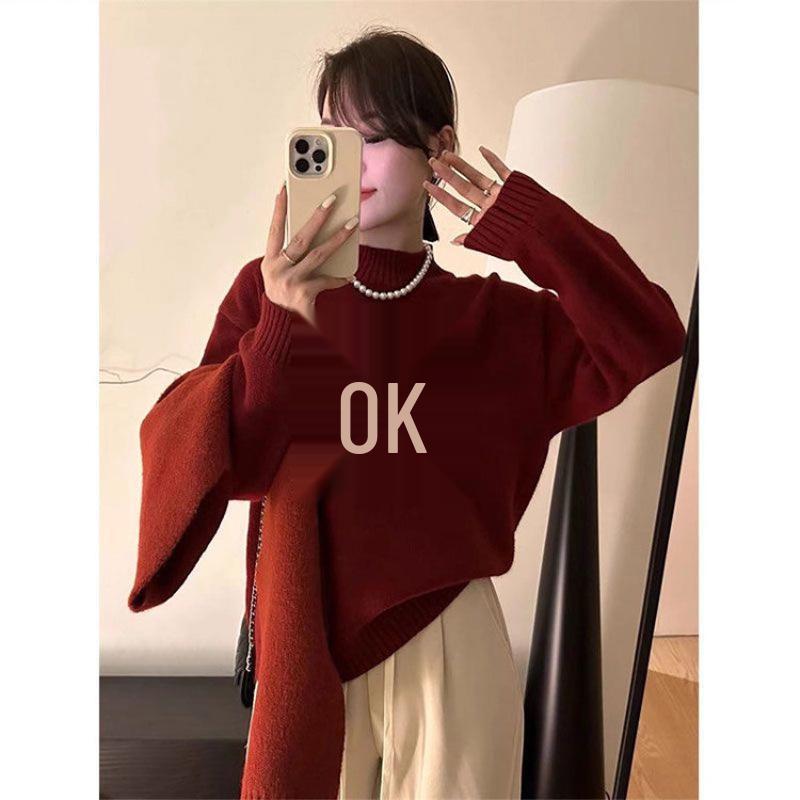 Cute Jacquard Horse Pattern Knit Sweater - Women's Red Christmas Edition