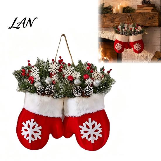 Holiday Front Door Decor Christmas Mitten/Stocking Wreath, Decorative Artificial Wreath with Berries Pine Cones, Cone Berry Branches, Hanging