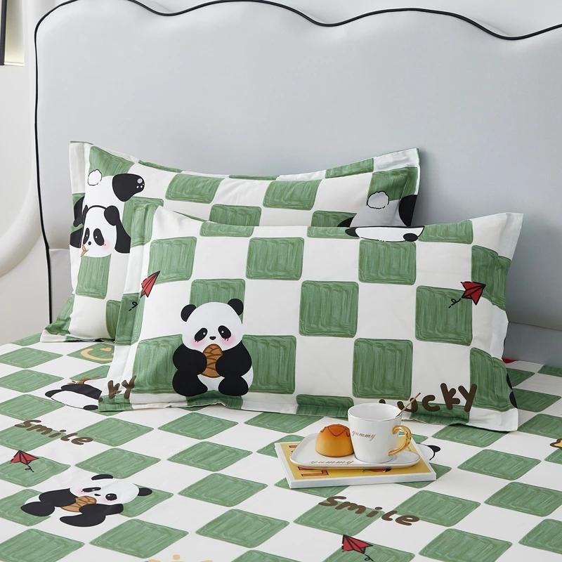 Comforter Cute Cartoon Panda Twin Queen 100% Cotton Kawaii Star Comforter 3 Pcs Soft Reversible Green Plaid Bedding Set