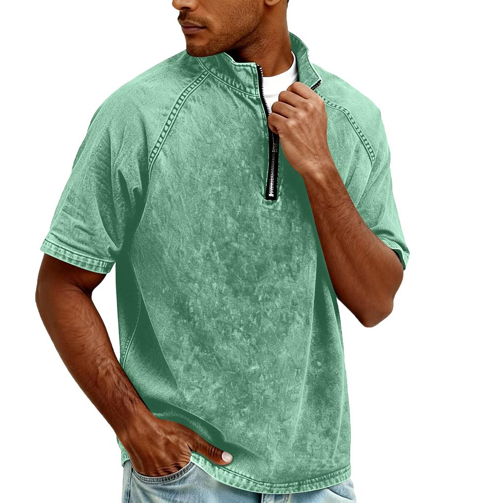 Men's Zipper Stand-up Collar Short-sleeved Distressed Washed Crewneck Casual Shirt
