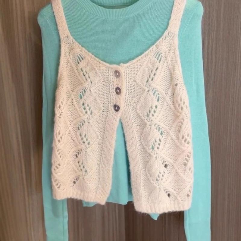 Autumn wear vest knitted vest suspenders stacked green inner bottoming shirt top women's two-piece suit