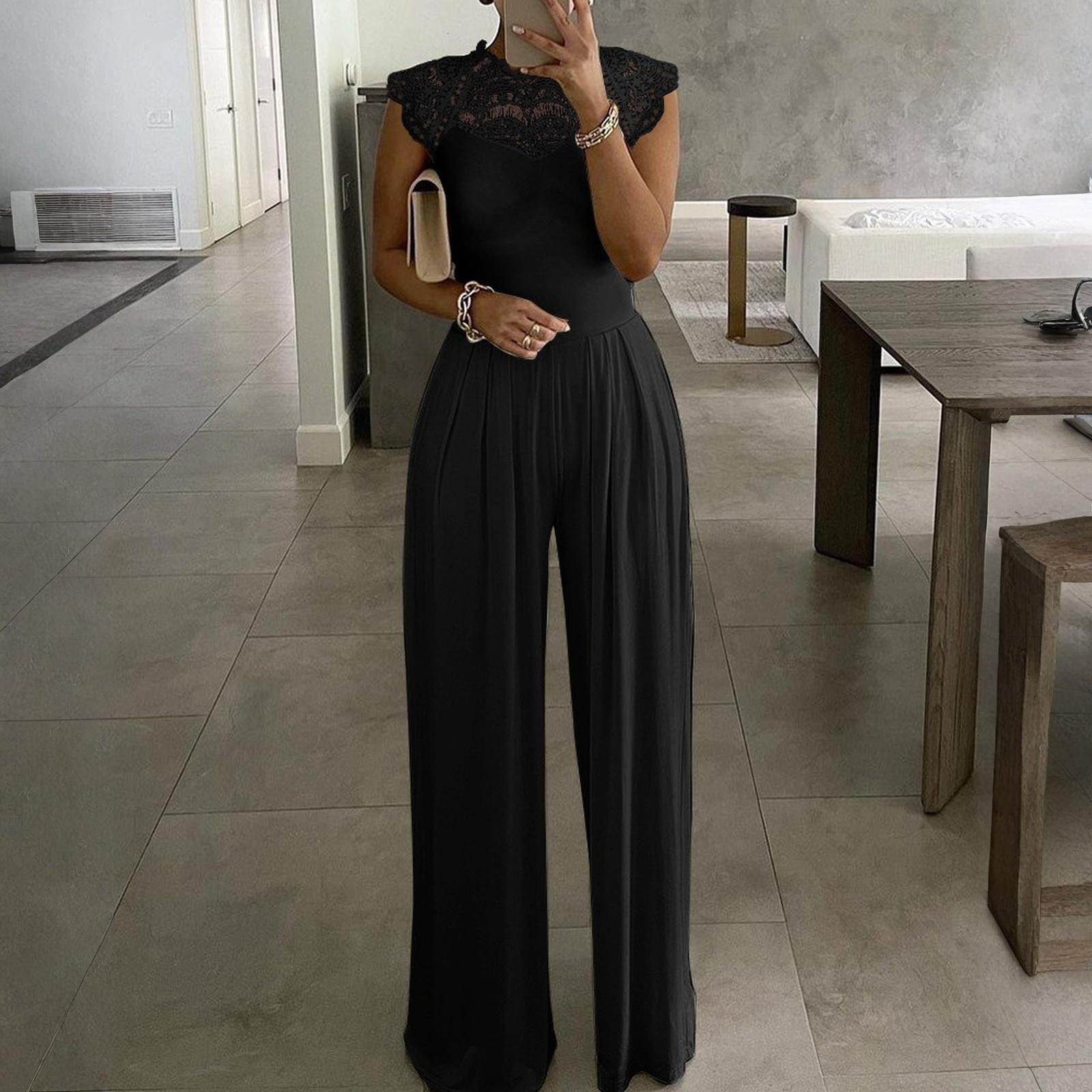 Женский однотонный комбинезон Модный свободный повседневный кружевной комбинезон XXL чёрный