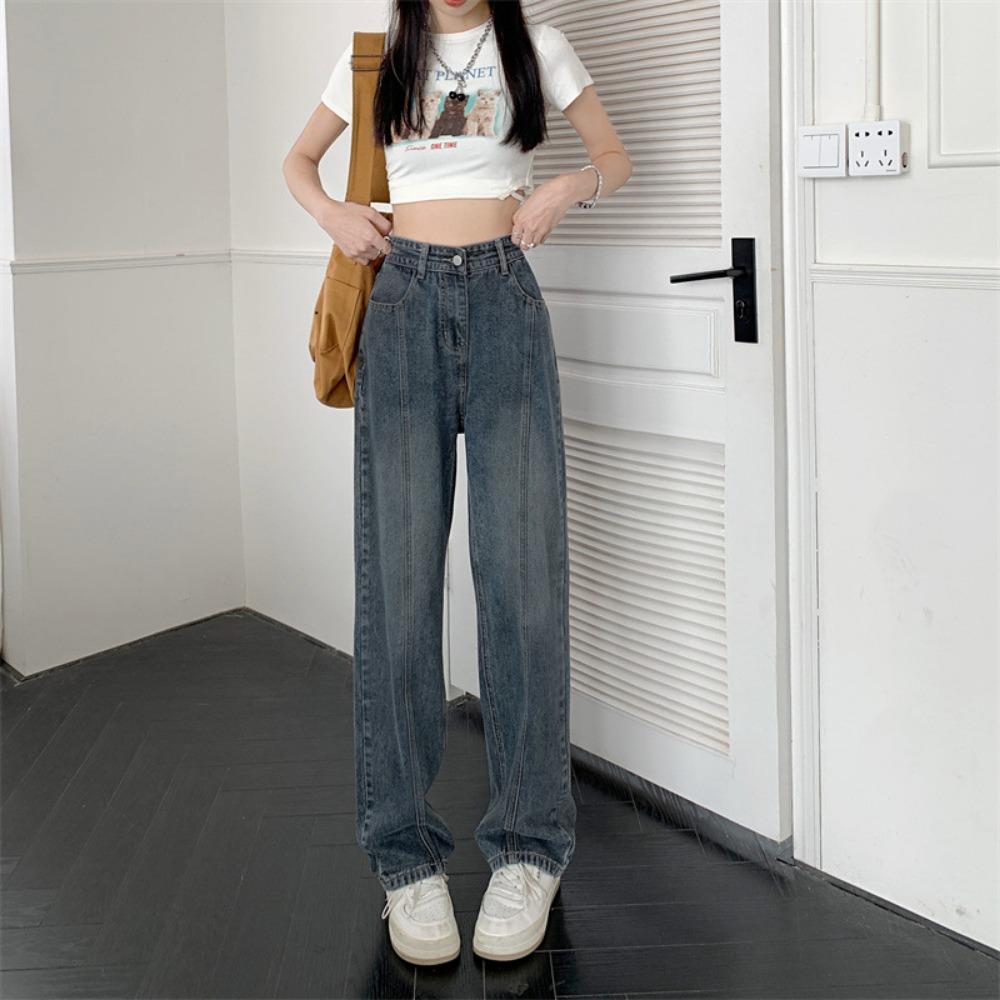 

Винтажные джинсы женские с высокой посадкой прямые брюки брюки Spice Girls осень и зима свободные большого размера брюки с широкими штанинами уличный стиль 2XL сине серый