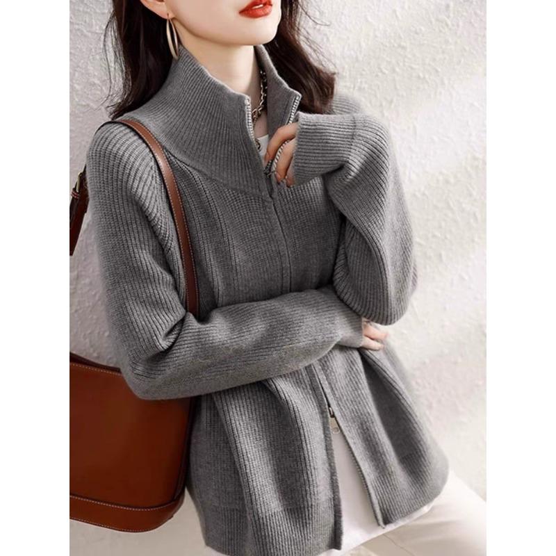 Autumn/Winter Fashion Cardigan Knitted Women Sweater Elegant Long Sleeve Zipper Loose Casual Office Top New Stand Collar Jacket