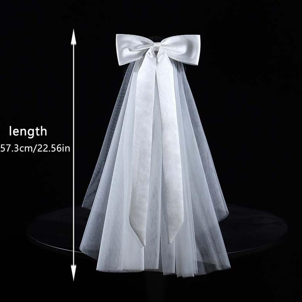 Single Layer Bride's White Headgear Romantic Bridal Headdress Elegant Long Satin Bow Veil  Wedding