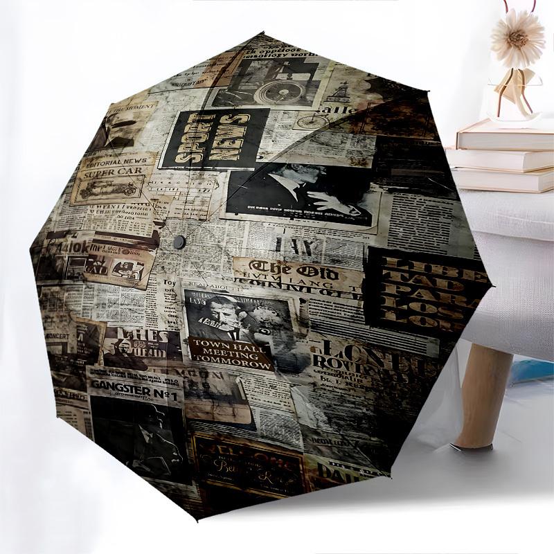 Newspaper Clippings Historic Archive Themed Automatic Opening and Closing Umbrella, Brightly Colored 8-rib Portable Umbrella, Suitable for M