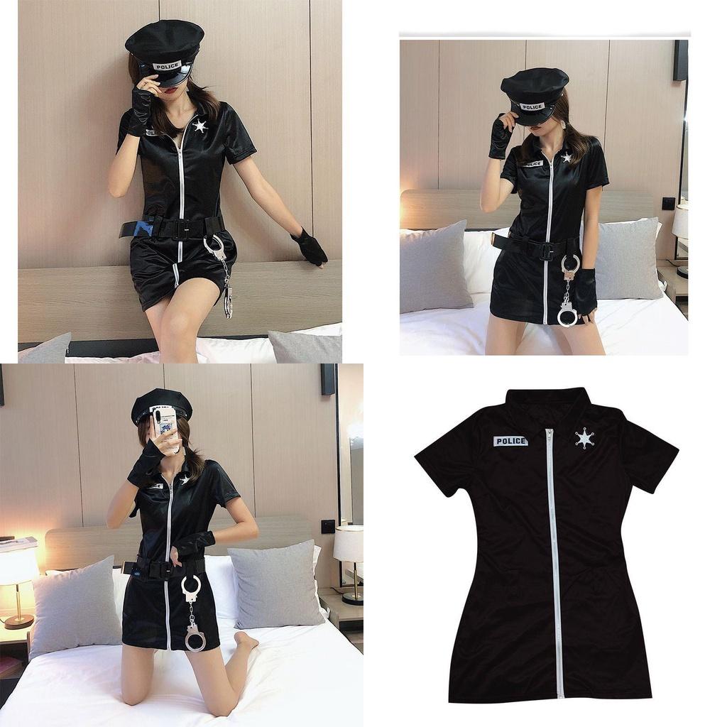 Women Halloween Sexy Cospaly Police Uniforms Large Size Zipper Clothe Stretchy