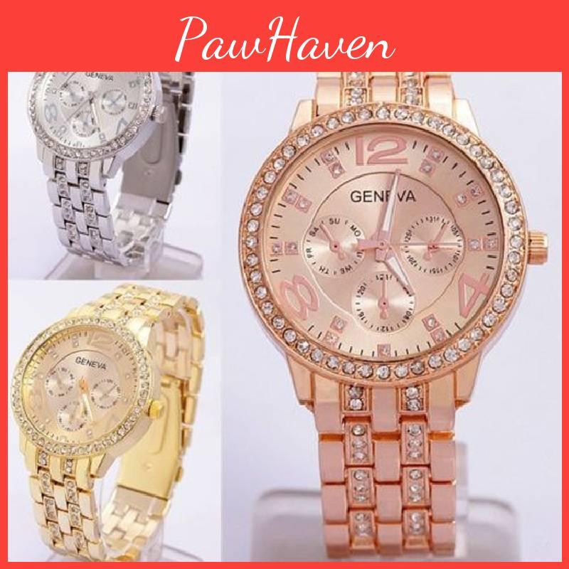 Stylish Geneva Quartz Watch For Women With Diamond Accents And Elegant Stainless Steel Bracelet