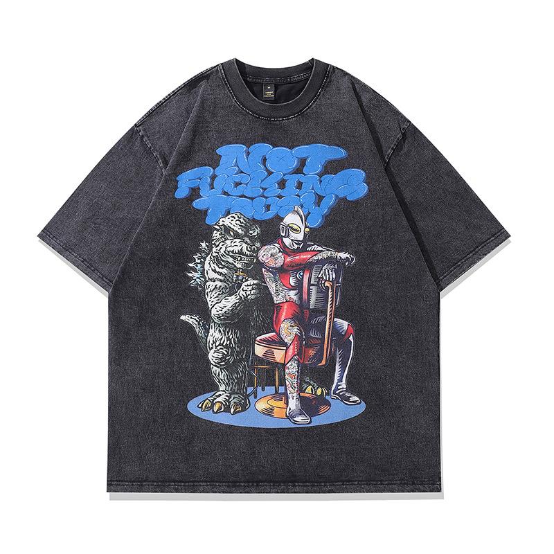 Harajuku Japanese Street Cartoon Print Old Short-Sleeved T-Shirt Men'S Trendy Brand Hip-Hop Loose Washed Five-Quarter Sleeve T-Shirt