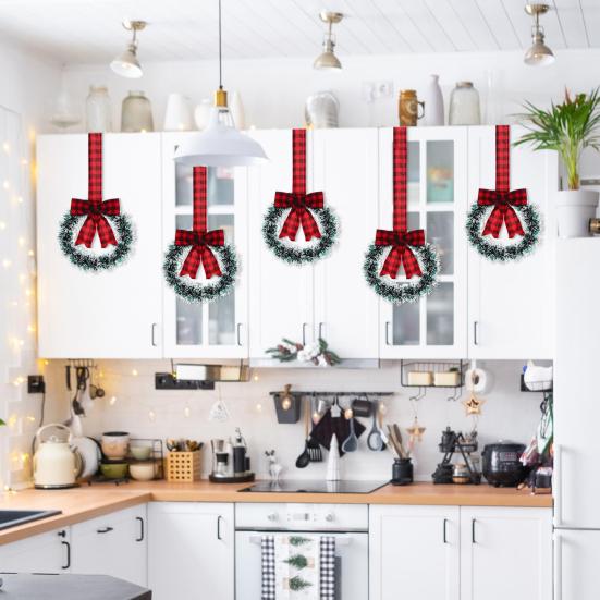 Mini Christmas Cabinet Wreaths 5.1 Inch Small Kitchen Xmas Decor with Red Ribbon Bow Plastic Rattan Fabric Window Door Office Holiday Decoration