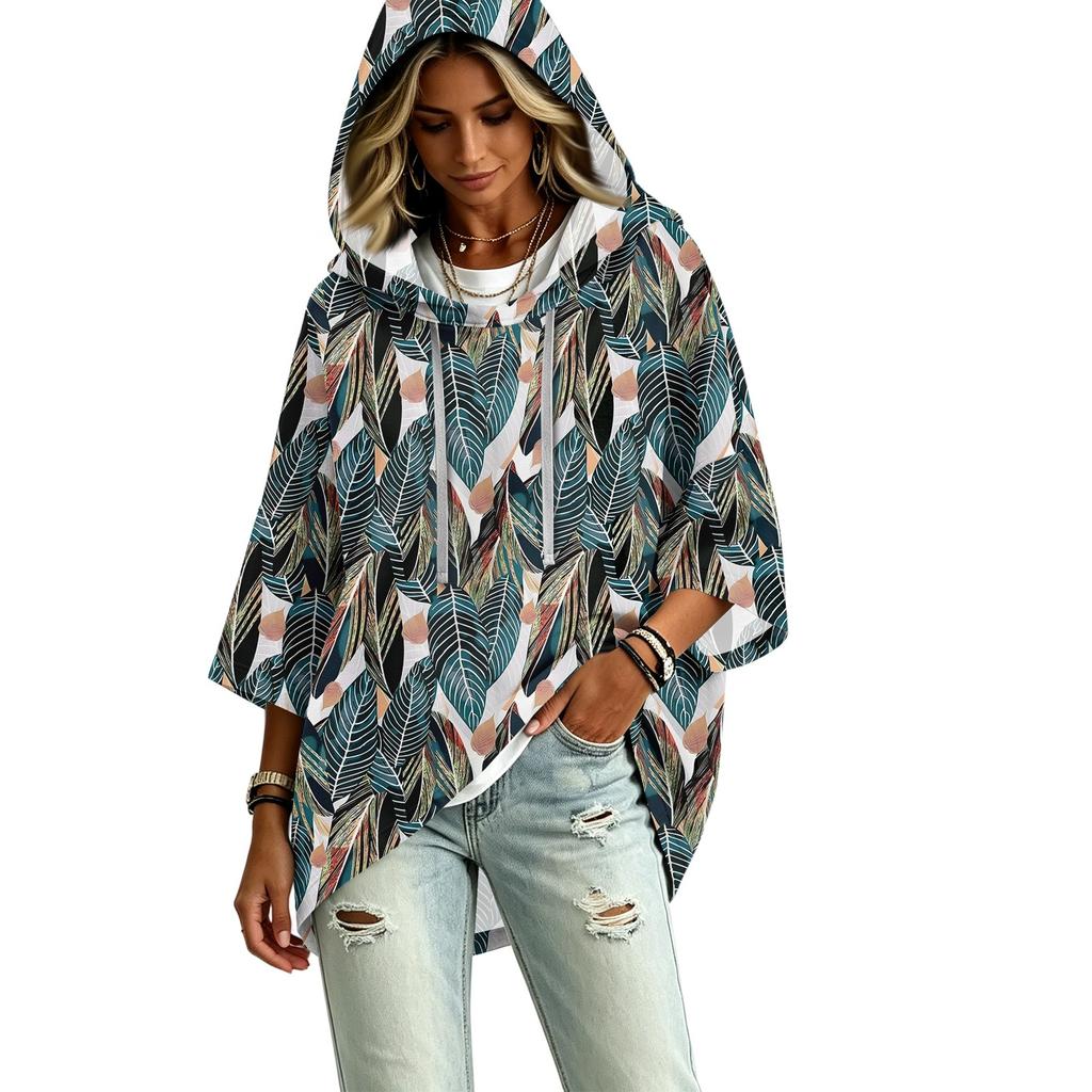 Women's Vintage Floral Print Hooded Pullover Top with Three-Quarter Sleeves for Casual Everyday Wear