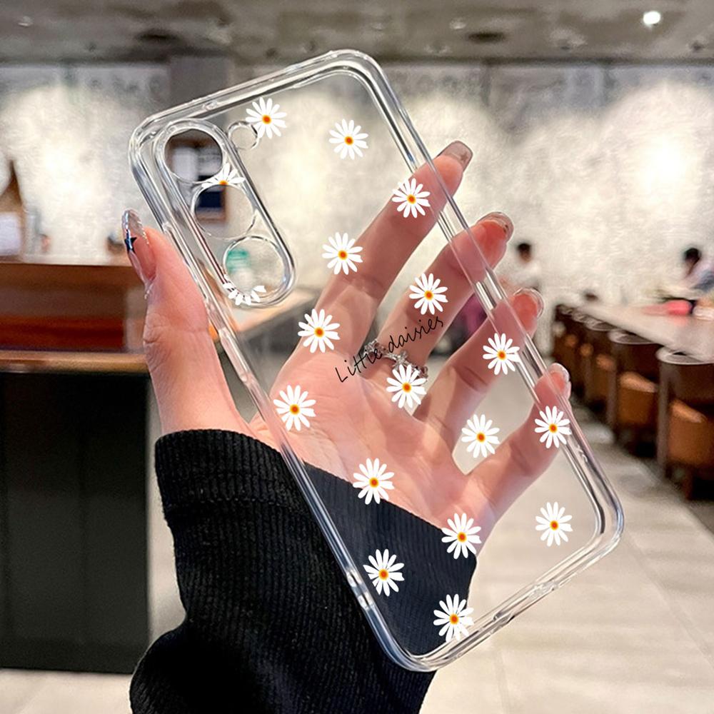 For Samsung Galaxy M13 M14 M15 M23 M33 M34 M53 M54 M55 Oil Painting White Daisy Flower Phone Case Clear Transparent Couple Cover